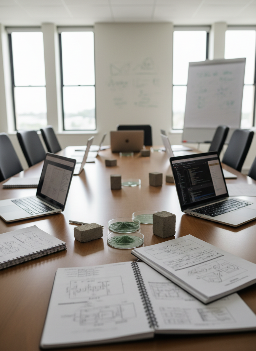 An elegant, wide-angle view of a bright university meeting room, centered on a large wooden conference table covered with open laptops, technical reports, and a few neatly stacked lab notebooks showing dense scientific plots and diagrams. Alongside them, small concrete prisms and petri dishes with powdered green binder materials are carefully arranged as visual props. Soft, diffused daylight from floor-to-ceiling windows illuminates the table, creating subtle reflections on the laptop casings and a calm, focused atmosphere. The background shows a blurred whiteboard filled with faint formula-like shapes. Photographic realism, eye-level composition, and balanced framing communicate a professional academic environment dedicated to net-zero concrete research and AI-driven materials discovery.