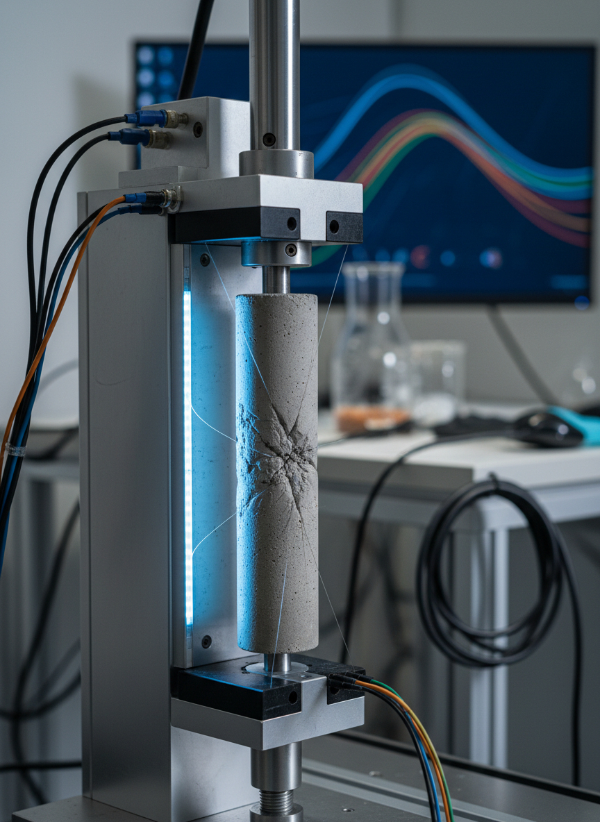 A close-up, photographic realist shot of an advanced materials testing setup for net-zero concrete: a compact mechanical testing machine firmly gripping a slim concrete cylinder with embedded fiber sensors. Fine hairline cracks radiate delicately from the loading point, highlighted by directional side lighting from a cool LED strip. The background is softly blurred, showing hints of lab instruments, data acquisition cables, and a glowing computer monitor with abstracted graph-like colors. Captured from a slightly low angle to emphasize the precision of the equipment, with a shallow depth of field that keeps the specimen in crystal-clear focus. The mood is technical and meticulous, conveying high-level academic research and performance evaluation of green binders and low-carbon concretes.