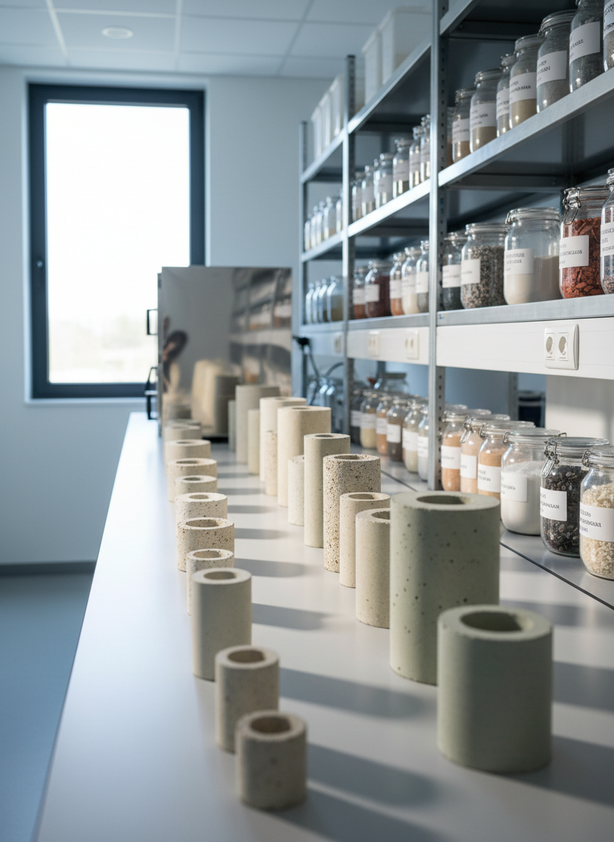 A sleek, modern research workspace focused on sustainable concrete innovation, with a long light-grey lab bench covered in neatly arranged cylindrical concrete samples of varying textures and subtle color tones from pale off-white to soft greenish-grey. In the background, tall shelves hold labeled containers of mineral powders and recycled aggregates, all slightly blurred. Cool daylight streams through a large window, creating crisp reflections on a stainless-steel surface and casting gentle shadows behind the samples. Captured at eye level with a shallow depth of field, the composition feels precise and professional. Photographic realism with a clean, minimalist aesthetic emphasizes cutting-edge academic research and low-carbon engineering.