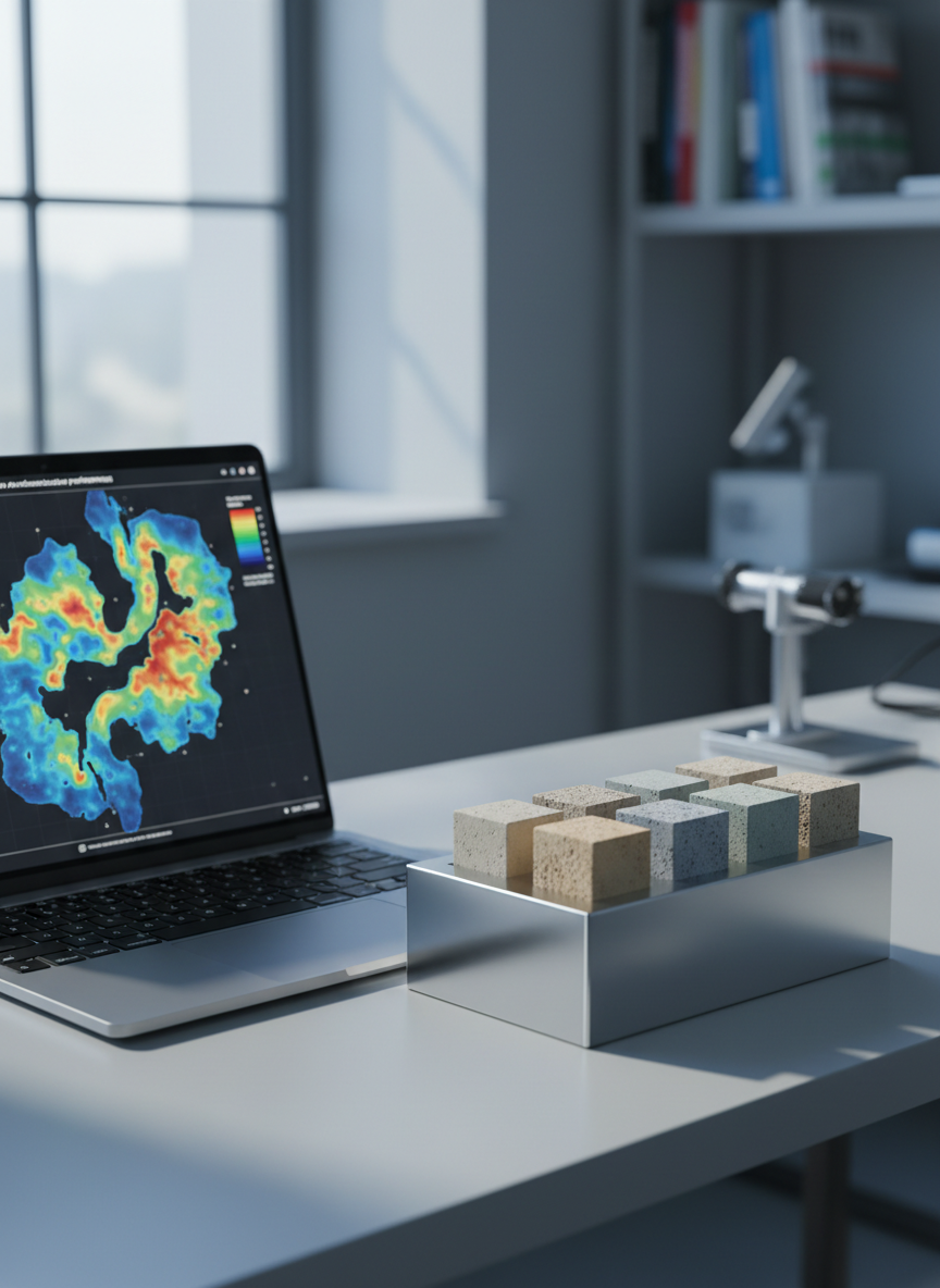 A sophisticated visualization of AI-driven materials research, showing a high-resolution laptop on a tidy lab desk displaying a colorful, abstract 3D heatmap of concrete microstructure performance, with no legible text. Next to it, a polished metal sample holder presents several miniature concrete cubes, each with slightly different surface textures and hues representing varied low-carbon mix designs. Soft, cool daylight from a nearby window mixes with the subtle glow of the laptop screen, casting gentle gradients of light across the desk. Shot from a slightly elevated angle, with moderate depth of field so that both the digital model and physical samples are sharp. The atmosphere is innovative and forward-looking, conveying how artificial intelligence supports the optimization of net-zero concrete formulations.