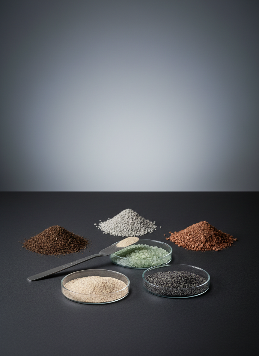 A meticulously arranged, photographic realism still life of sustainable cementitious materials on a dark matte lab surface: shallow glass dishes hold finely ground supplementary cementitious powders in muted tones of beige, pale green, and charcoal, next to small piles of recycled aggregates and crushed waste by-products used for valorisation. A slender steel spatula rests diagonally across the scene, adding a precise, experimental touch. Overhead neutral lighting creates gentle, even illumination with soft shadows that emphasize subtle textures and particle sizes. The background fades into a smooth, out-of-focus gradient of cool greys, keeping attention on the materials. Composed using the rule of thirds with a calm, methodical mood, ideal for illustrating green binders and waste valorisation research.